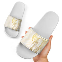 Gold and White Hawaii Slide Sandals Hammerhead Shark Tattoo Curve Polynesian LT14 - Polynesian Pride