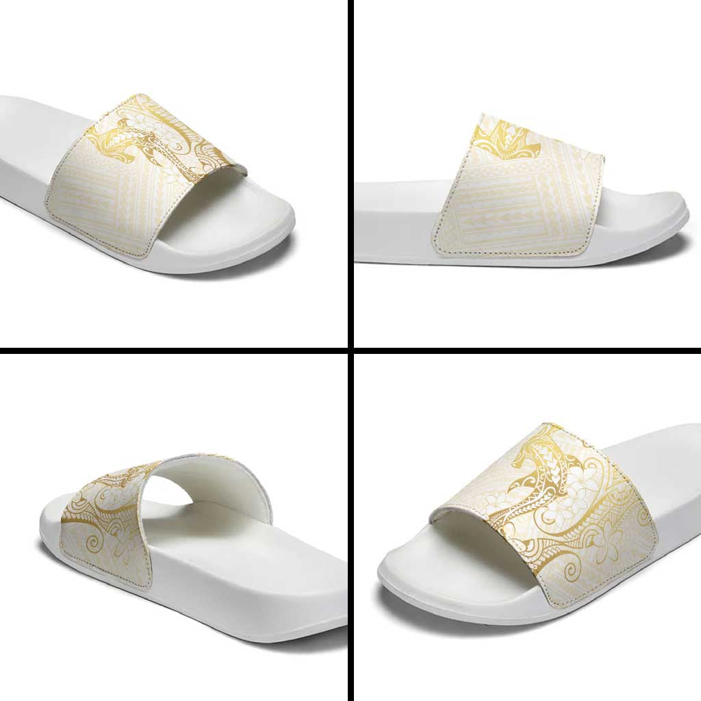 Gold and White Hawaii Slide Sandals Hammerhead Shark Tattoo Curve Polynesian LT14 - Polynesian Pride