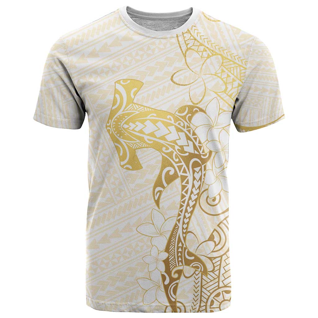 Gold and White Hawaii T Shirt Hammerhead Shark Tattoo Curve Polynesian - Polynesian Pride