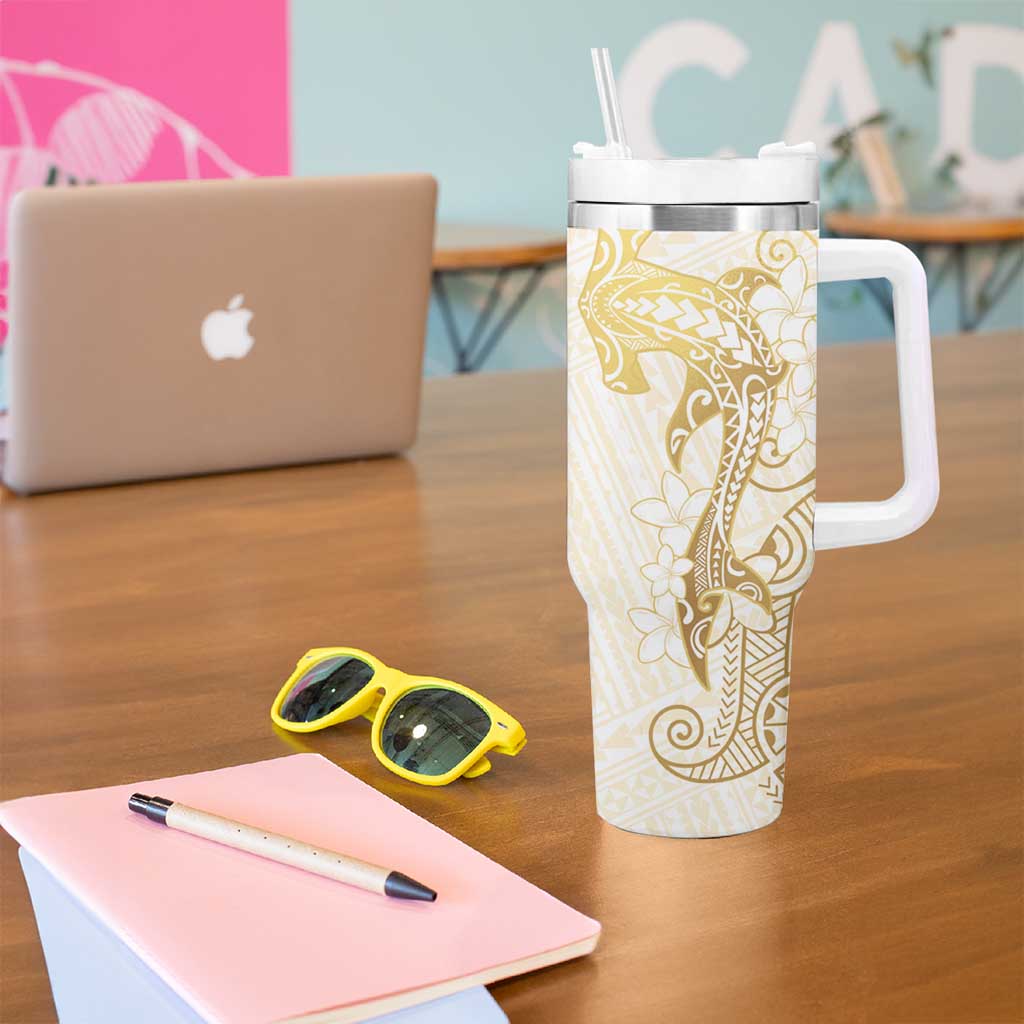 Gold and White Hawaii Tumbler With Handle Hammerhead Shark Tattoo Curve Polynesian - Polynesian Pride