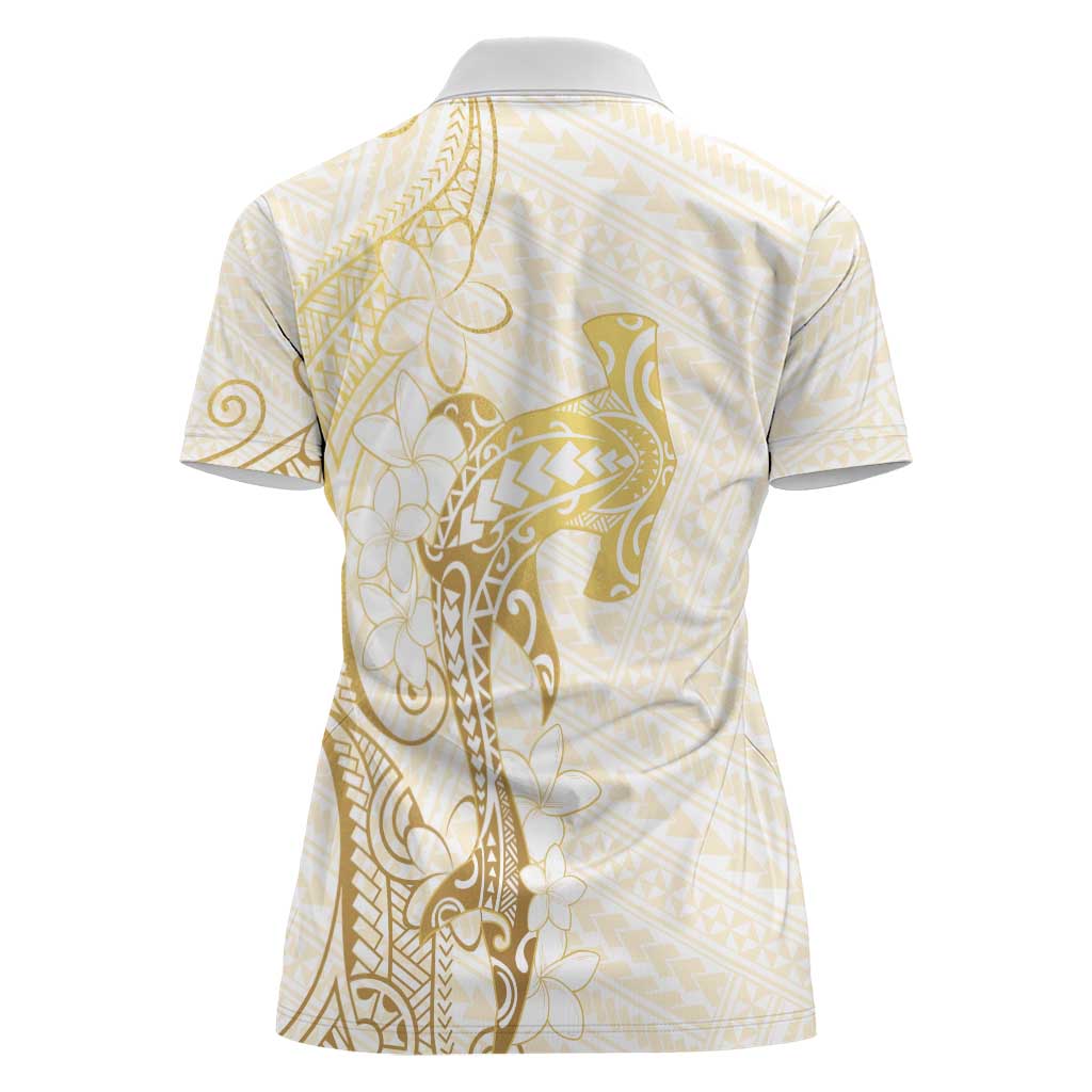 Gold and White Hawaii Women Polo Shirt Hammerhead Shark Tattoo Curve Polynesian - Polynesian Pride
