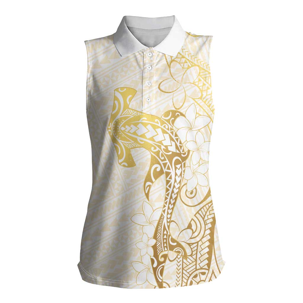 Gold and White Hawaii Women Sleeveless Polo Shirt Hammerhead Shark Tattoo Curve Polynesian LT14 Female White - Polynesian Pride