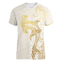 Gold and White Hawaii Women V-Neck T-Shirt Hammerhead Shark Tattoo Curve Polynesian LT14 Female White - Polynesian Pride