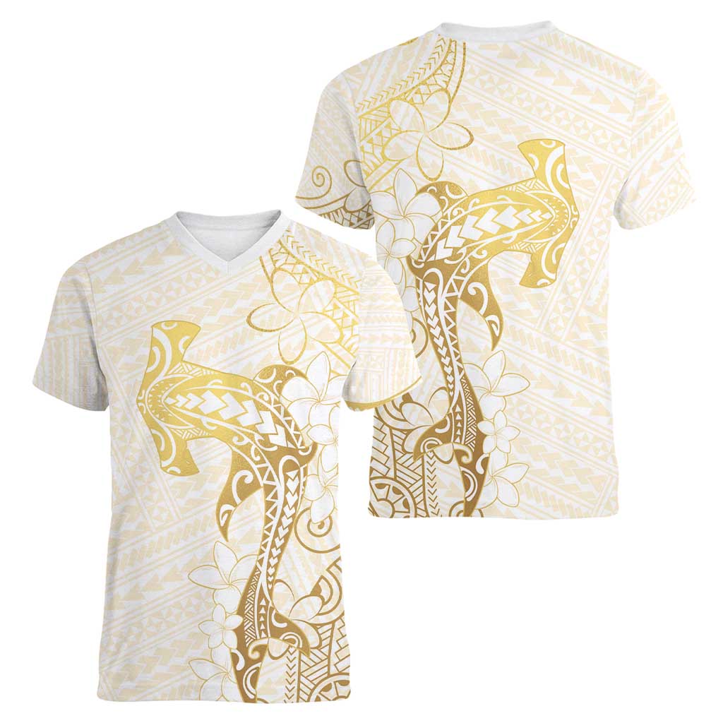 Gold and White Hawaii Women V-Neck T-Shirt Hammerhead Shark Tattoo Curve Polynesian LT14 - Polynesian Pride