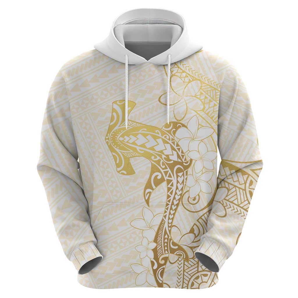 Gold and White Hawaii Zip Hoodie Hammerhead Shark Tattoo Curve Polynesian - Polynesian Pride