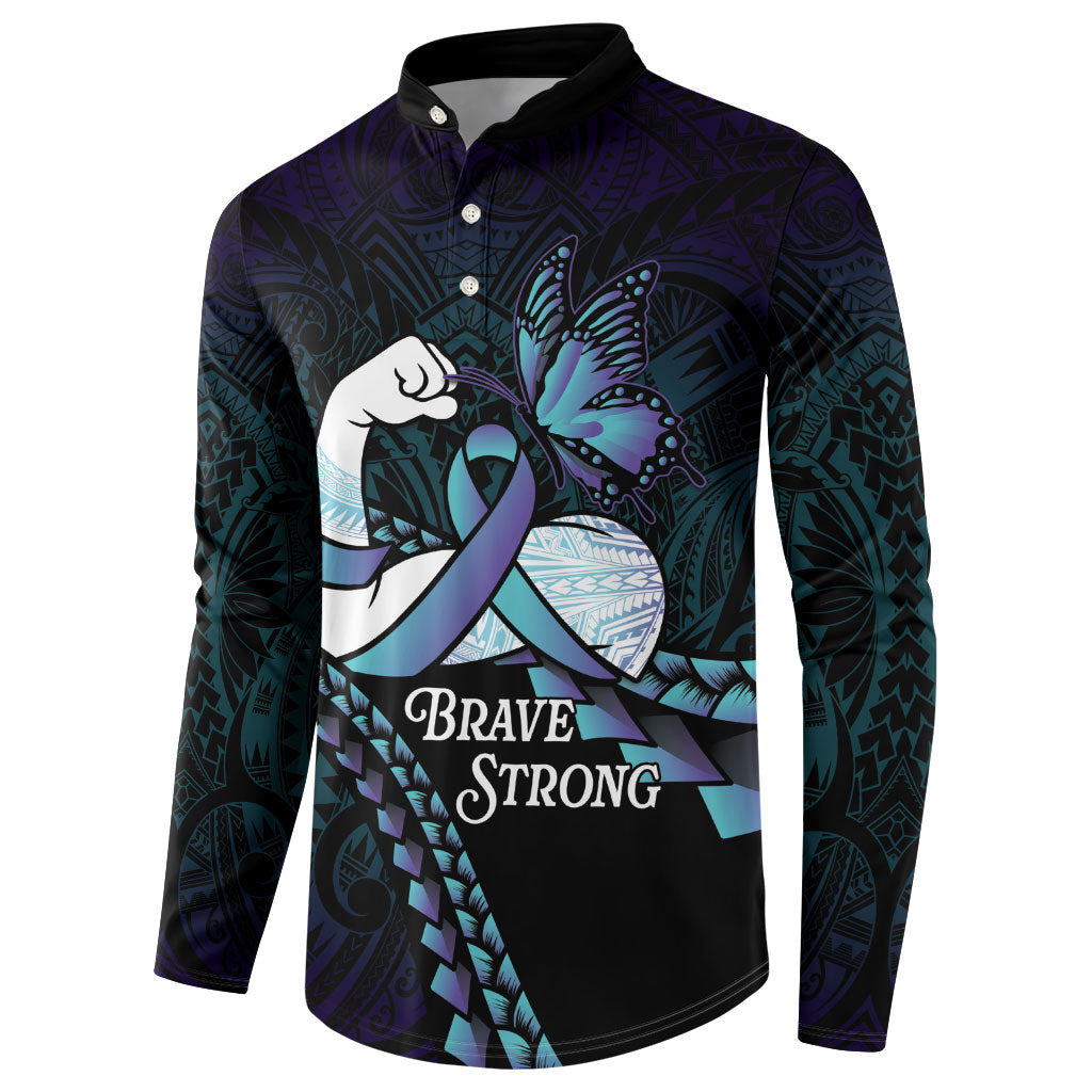 Personalised Polynesia Suicide Prevention Month Button Sweatshirt Brave Strong Butterfly Teal Purple Ribbon LT14 - Polynesian Pride