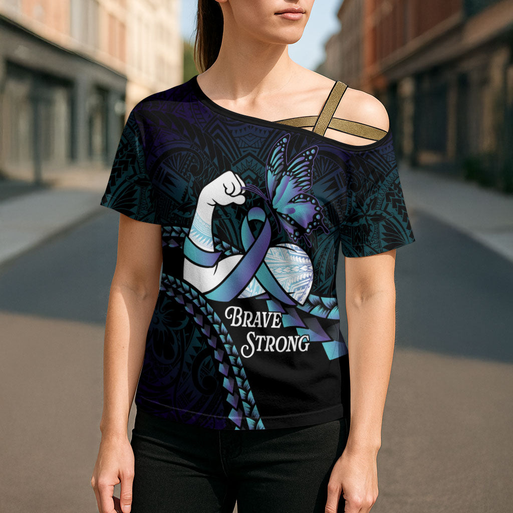 Personalised Polynesia Suicide Prevention Month Cross Shoulder Shirt Brave Strong Butterfly Teal Purple Ribbon LT14 - Polynesian Pride