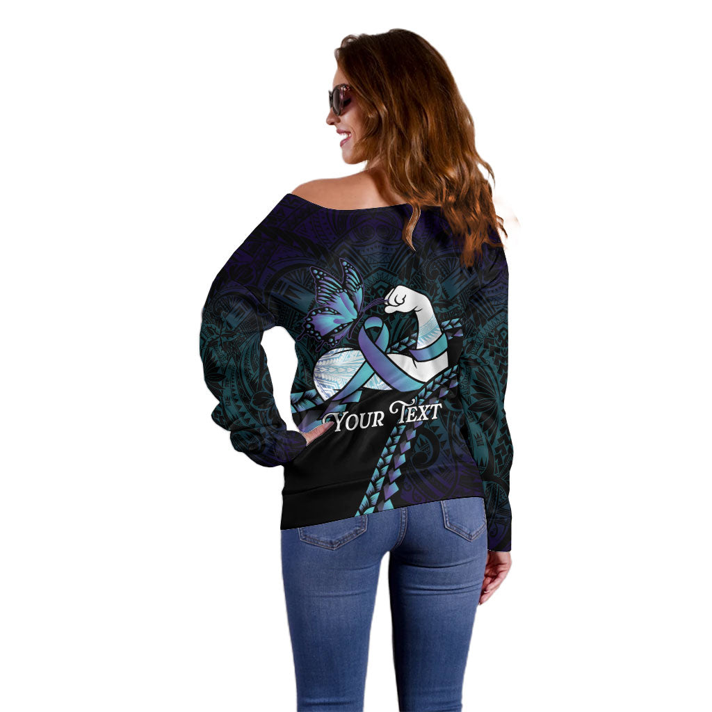 Personalised Polynesia Suicide Prevention Month Off Shoulder Sweater Brave Strong Butterfly Teal Purple Ribbon LT14 - Polynesian Pride
