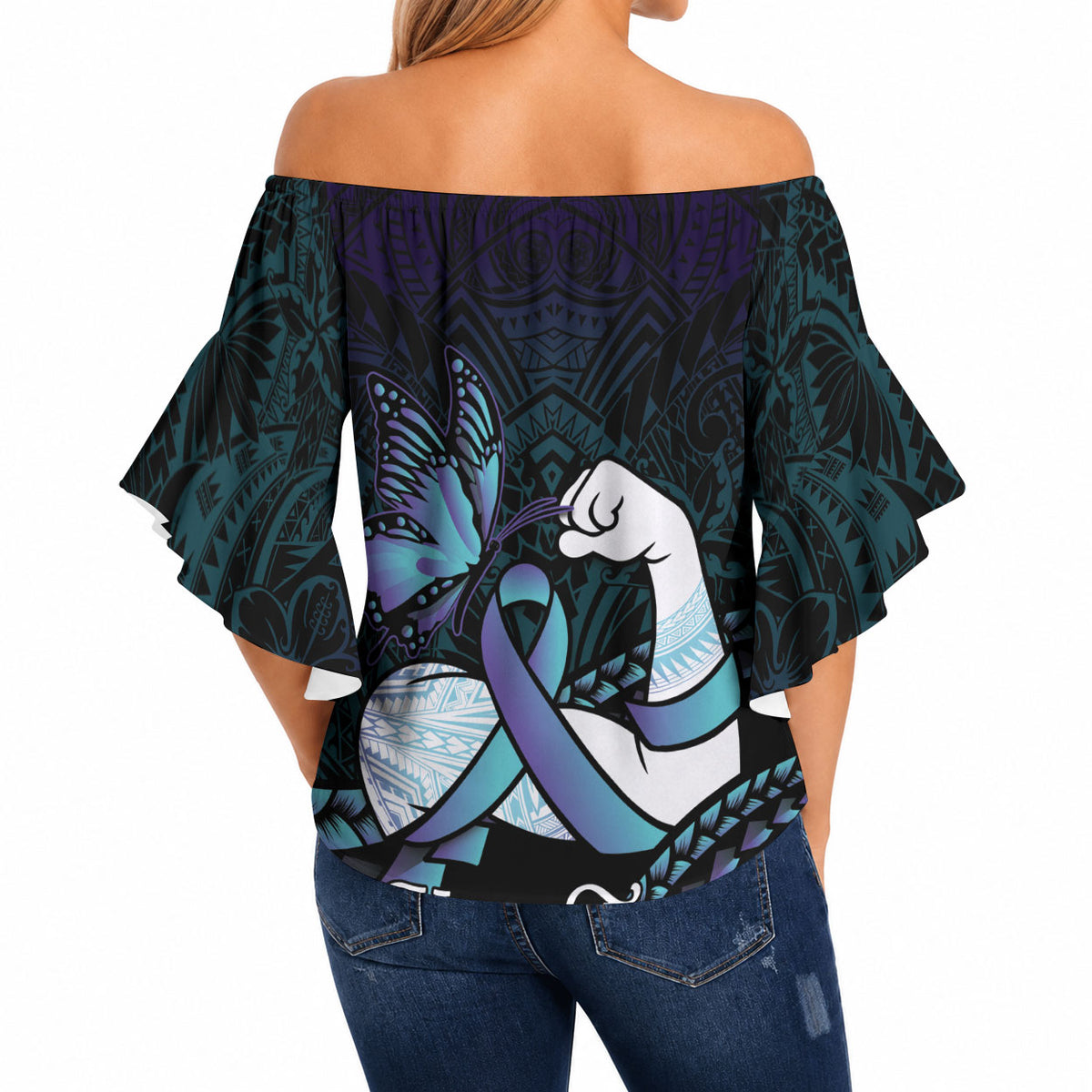 Personalised Polynesia Suicide Prevention Month Off Shoulder Wrap Waist Top Brave Strong Butterfly Teal Purple Ribbon LT14 - Polynesian Pride