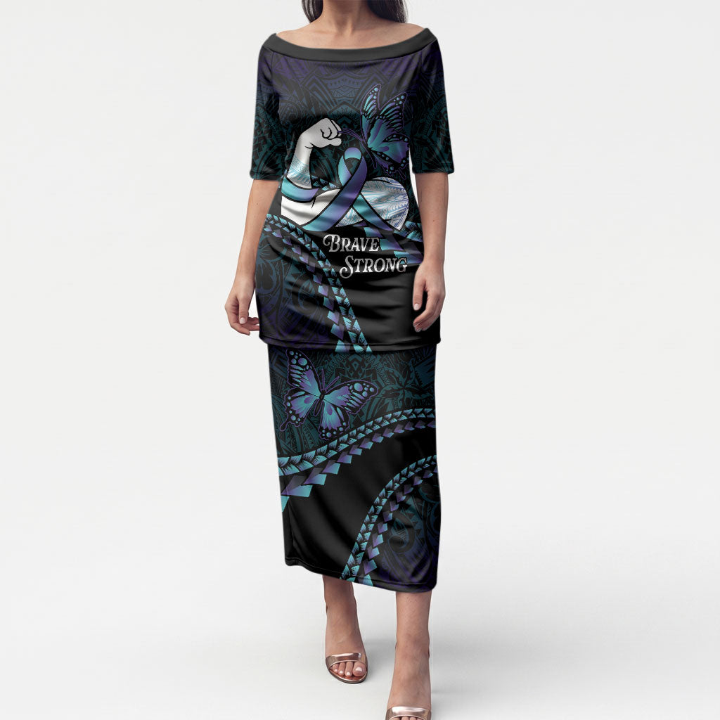 Personalised Polynesia Suicide Prevention Month Puletasi Brave Strong Butterfly Teal Purple Ribbon LT14 Long Dress Purple - Polynesian Pride