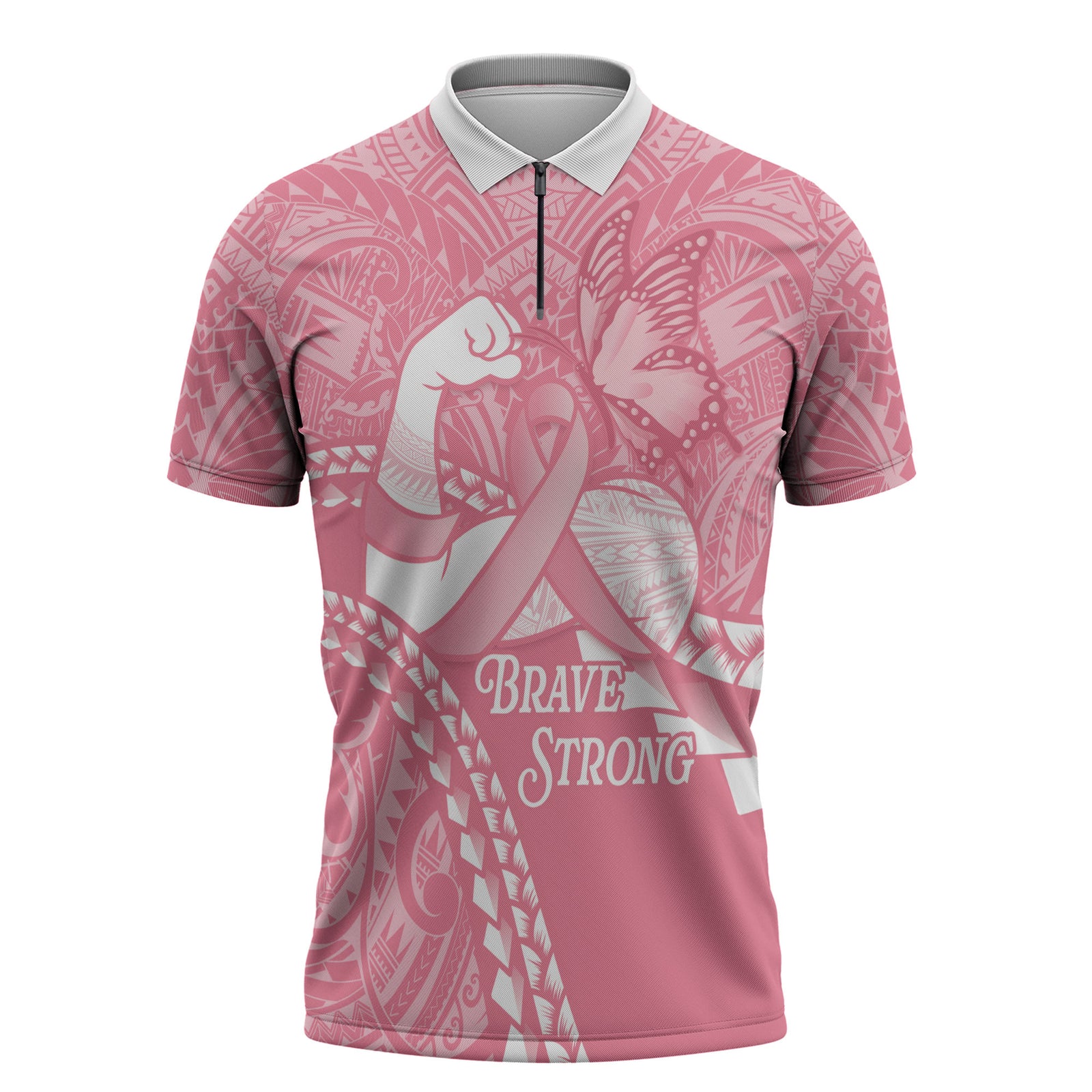 Personalised Polynesia Breast Cancer Awareness Zipper Polo Shirt Brave Strong Butterfly Pink Ribbon LT14 Pink - Polynesian Pride