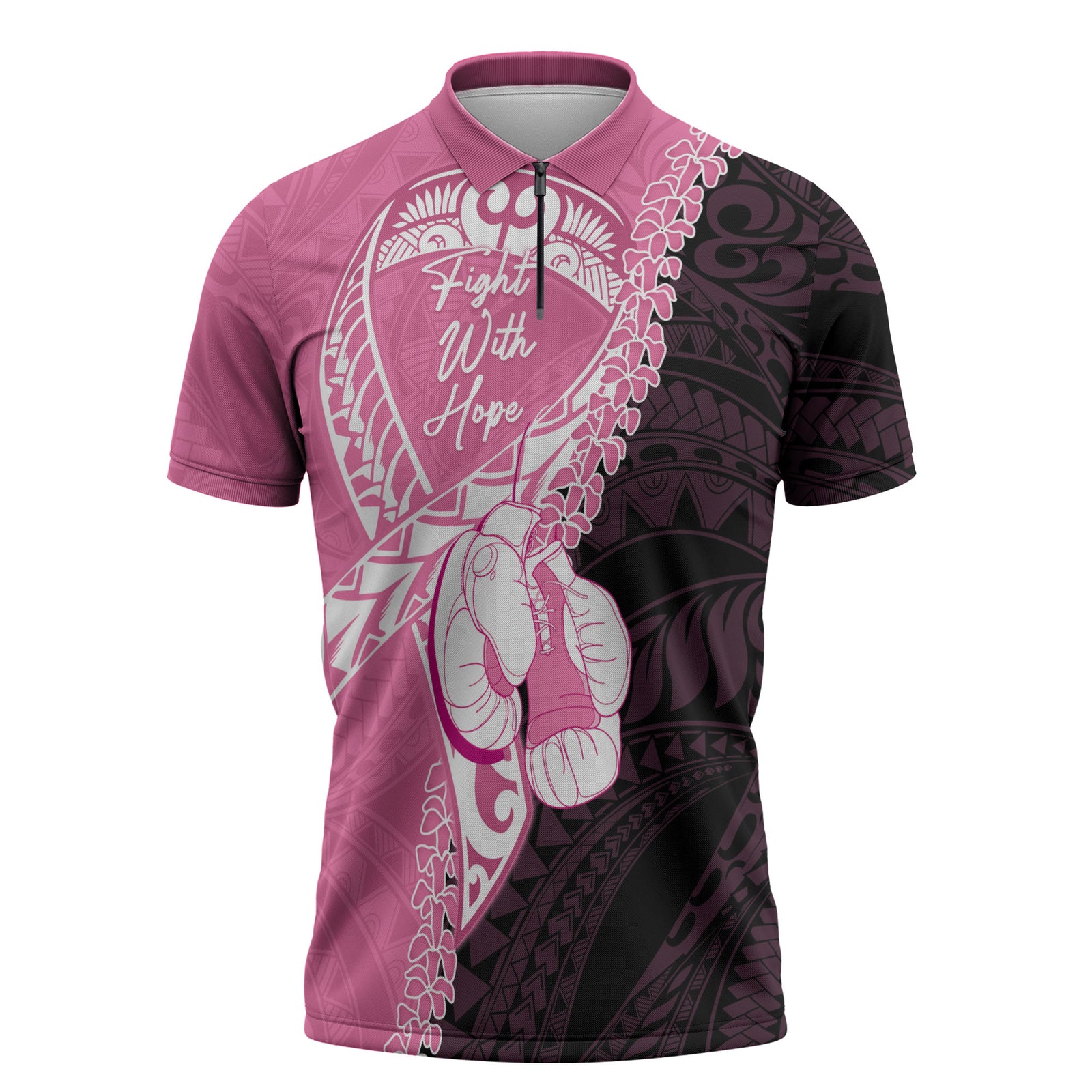 Personalised Polynesia Breast Cancer Awareness Zipper Polo Shirt Fight With Hope Pink Ribbon Boxing Gloves LT14 Pink - Polynesian Pride