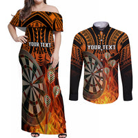 Personalised Polynesian Darts Couples Matching Off Shoulder Maxi Dress and Long Sleeve Button Shirts Fire Burning With Tribal Tattoo LT14 Orange - Polynesian Pride