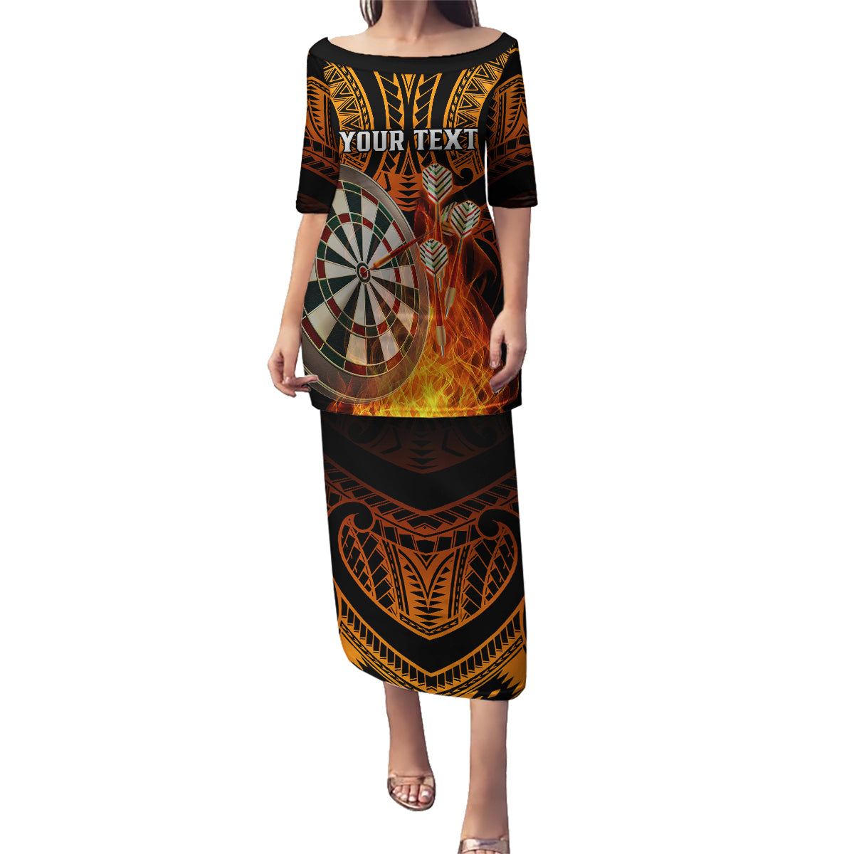 Personalised Polynesian Darts Family Matching Puletasi Dress and Hawaiian Shirt Fire Burning With Tribal Tattoo LT14 Mom's Dress Orange - Polynesian Pride