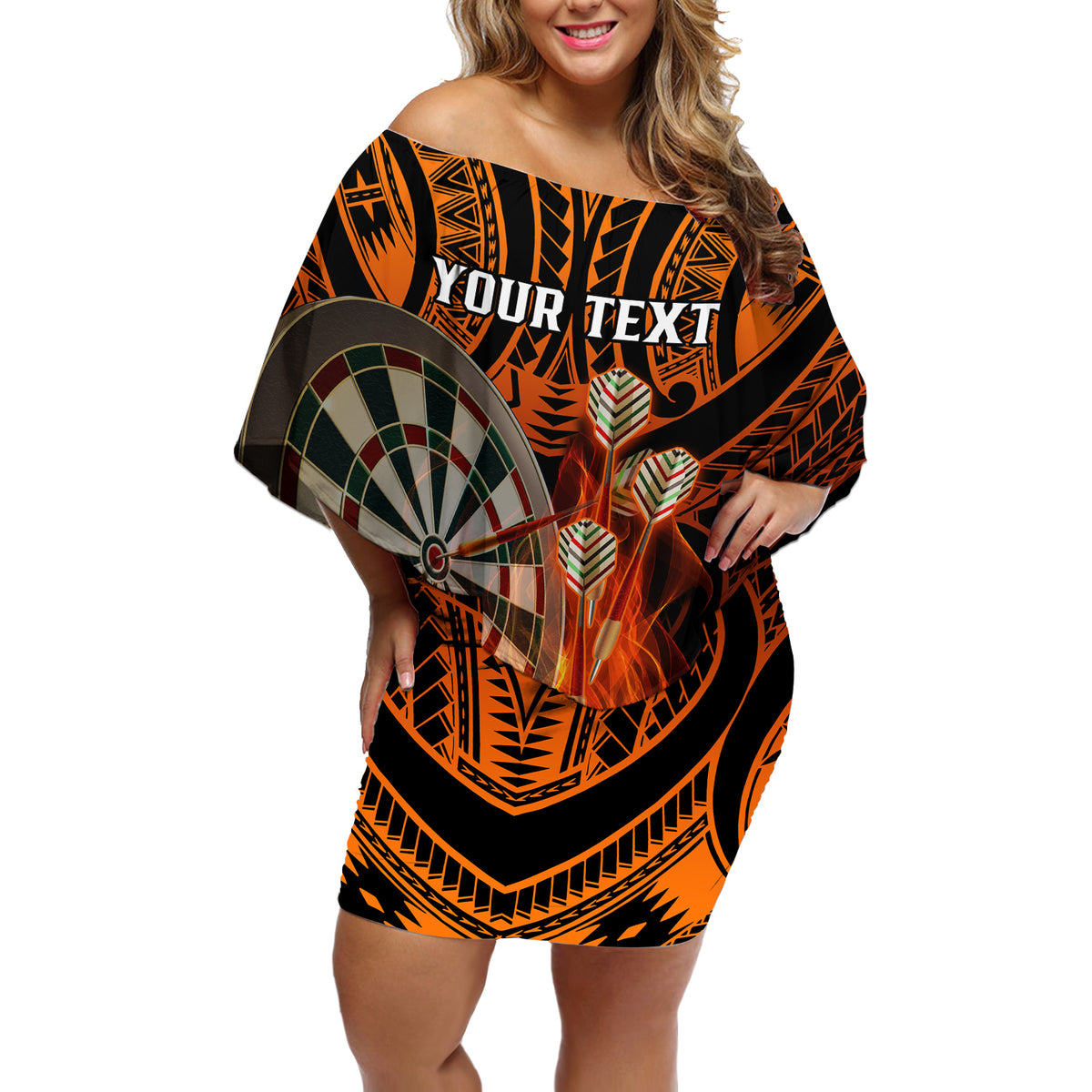 Personalised Polynesian Darts Off Shoulder Short Dress Fire Burning With Tribal Tattoo LT14 Women Orange - Polynesian Pride