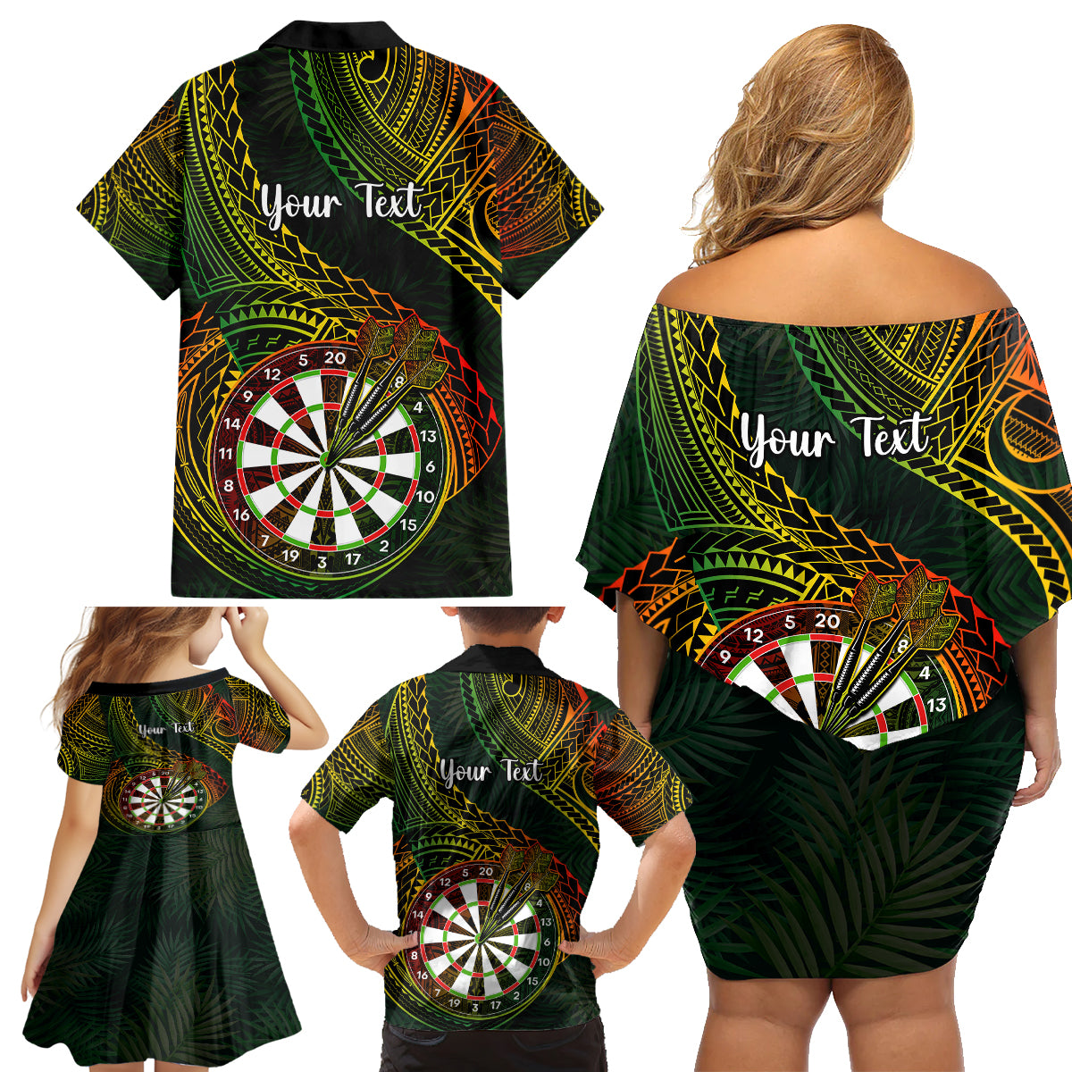 Personalised Polynesian Darts Family Matching Off Shoulder Short Dress and Hawaiian Shirt Dart Lovers Tribal Pattern Mix Tropical Leaves LT14 - Polynesian Pride