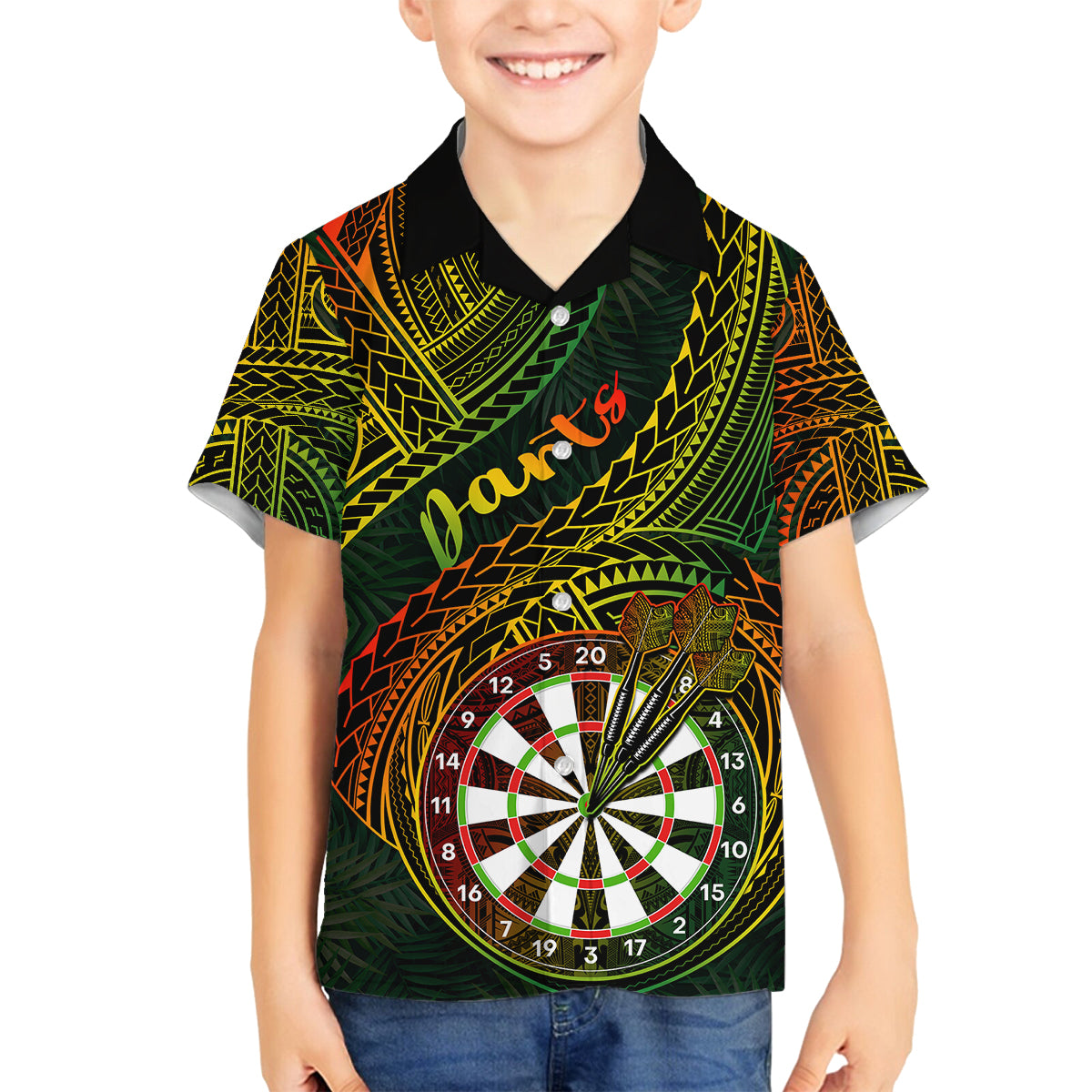 Personalised Polynesian Darts Kid Hawaiian Shirt Dart Lovers Tribal Pattern Mix Tropical Leaves LT14 - Polynesian Pride