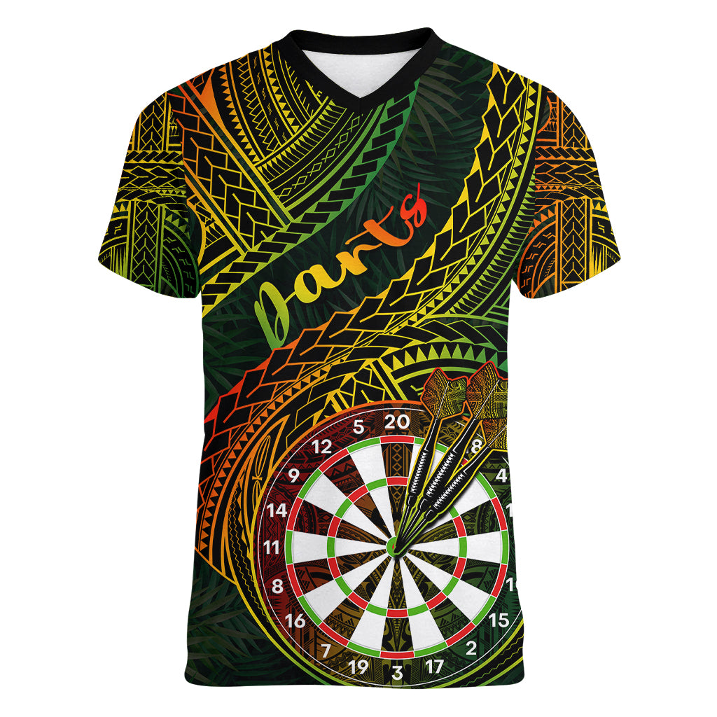 Personalised Polynesian Darts Women V Neck T Shirt Dart Lovers Tribal Pattern Mix Tropical Leaves LT14 Female Reggae - Polynesian Pride