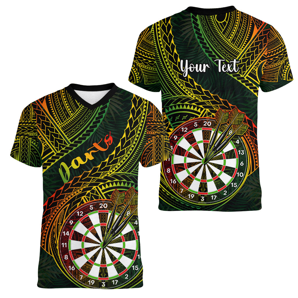 Personalised Polynesian Darts Women V Neck T Shirt Dart Lovers Tribal Pattern Mix Tropical Leaves LT14 - Polynesian Pride