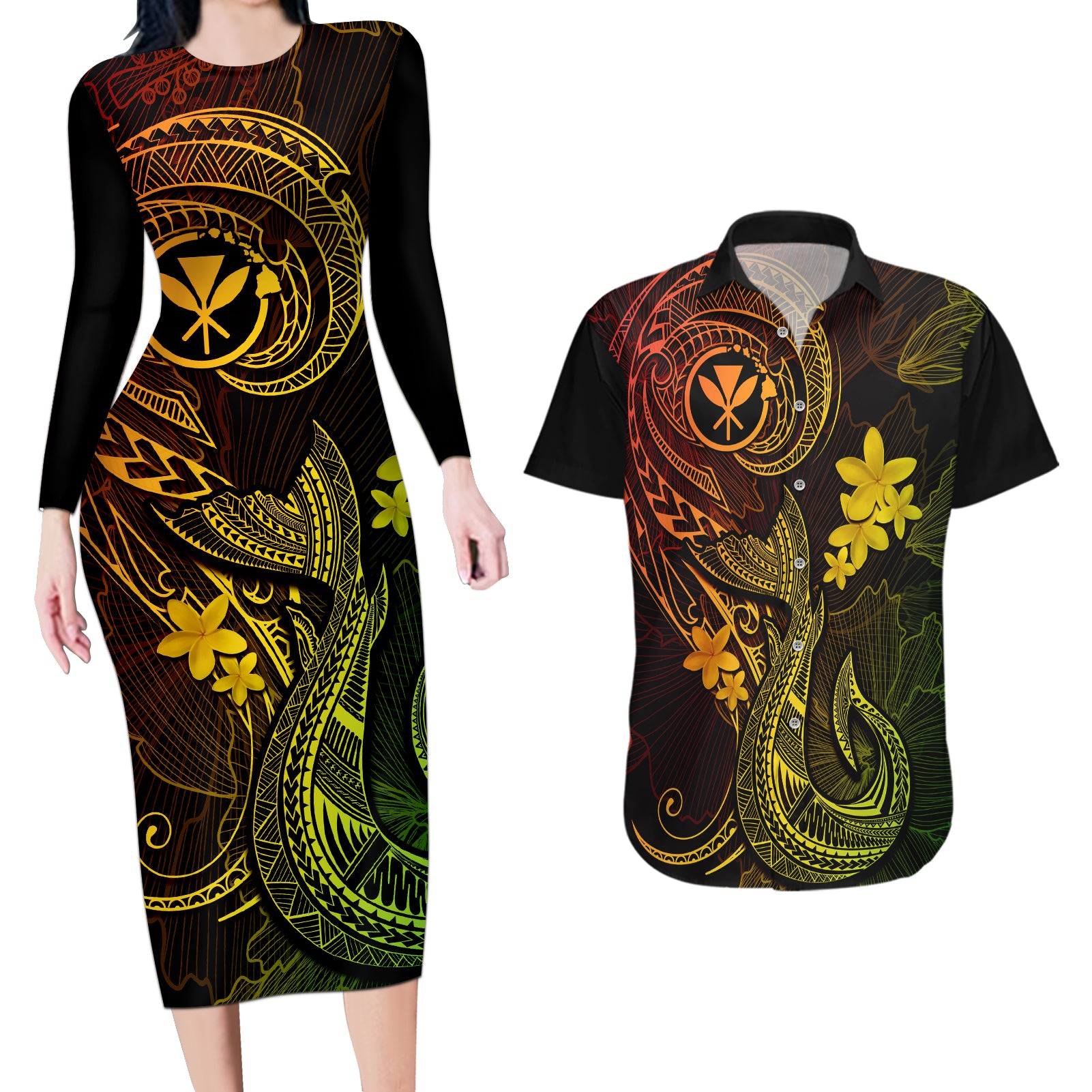 Hawaii Couples Matching Long Sleeve Bodycon Dress and Hawaiian Shirt Fish Hook Tattoo Mix Polynesian Plumeria Reggae Version LT14 Reggae - Polynesian Pride