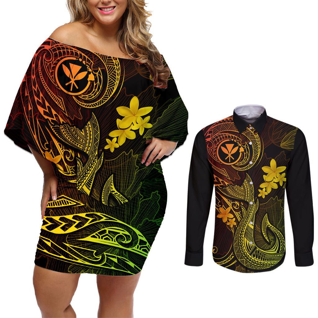 Hawaii Couples Matching Off Shoulder Short Dress and Long Sleeve Button Shirts Fish Hook Tattoo Mix Polynesian Plumeria Reggae Version LT14 Reggae - Polynesian Pride