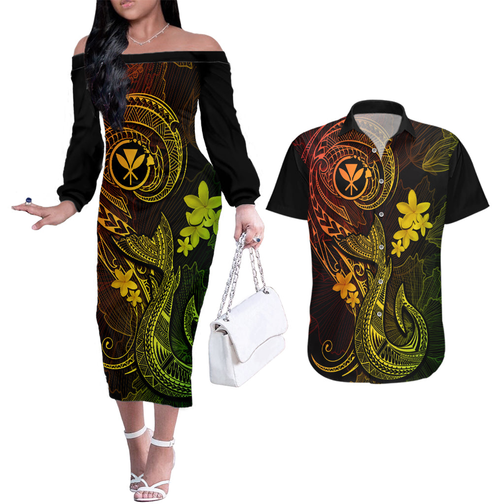 Hawaii Couples Matching Off The Shoulder Long Sleeve Dress and Hawaiian Shirt Fish Hook Tattoo Mix Polynesian Plumeria Reggae Version LT14 Reggae - Polynesian Pride