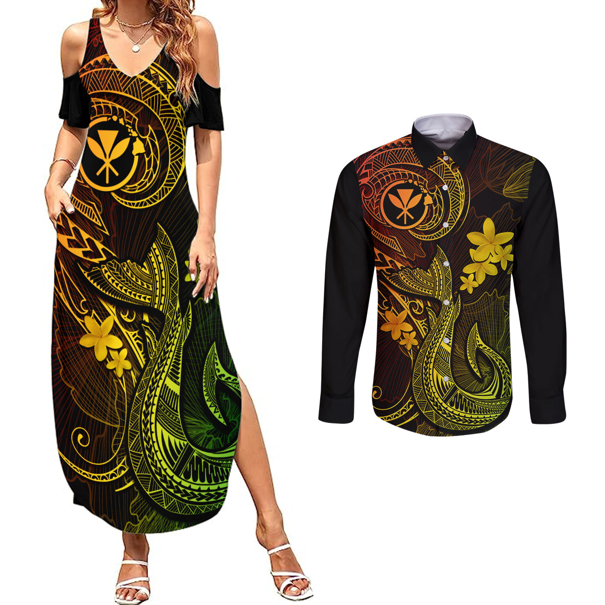 Hawaii Couples Matching Summer Maxi Dress and Long Sleeve Button Shirts Fish Hook Tattoo Mix Polynesian Plumeria Reggae Version LT14 Reggae - Polynesian Pride