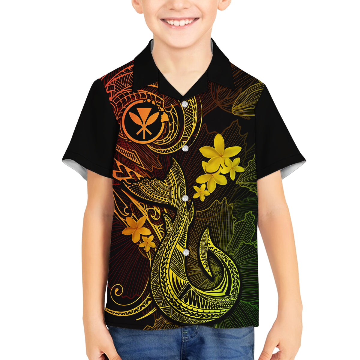 Hawaii Kid Hawaiian Shirt Fish Hook Tattoo Mix Polynesian Plumeria Reggae Version LT14 - Polynesian Pride