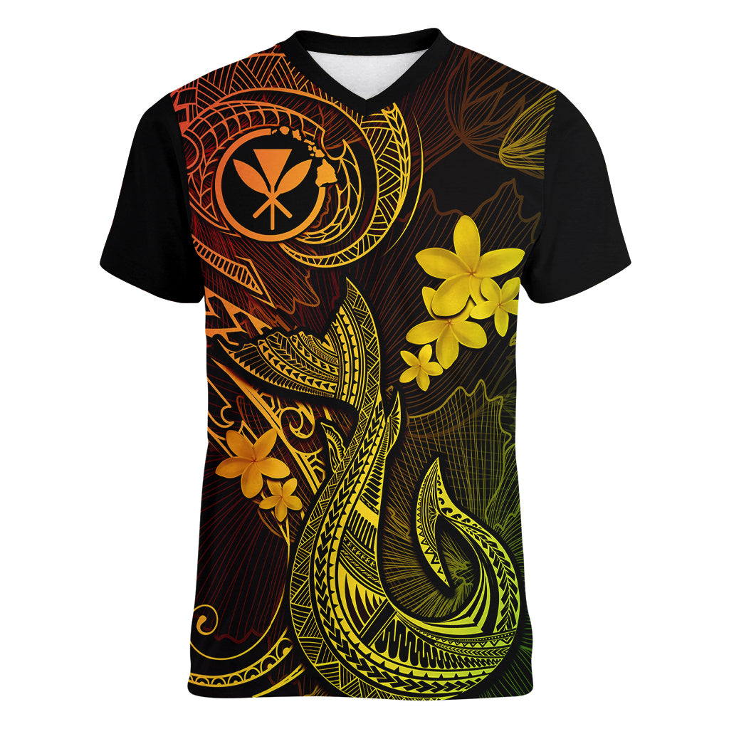 Hawaii Women V Neck T Shirt Fish Hook Tattoo Mix Polynesian Plumeria Reggae Version LT14 Female Reggae - Polynesian Pride