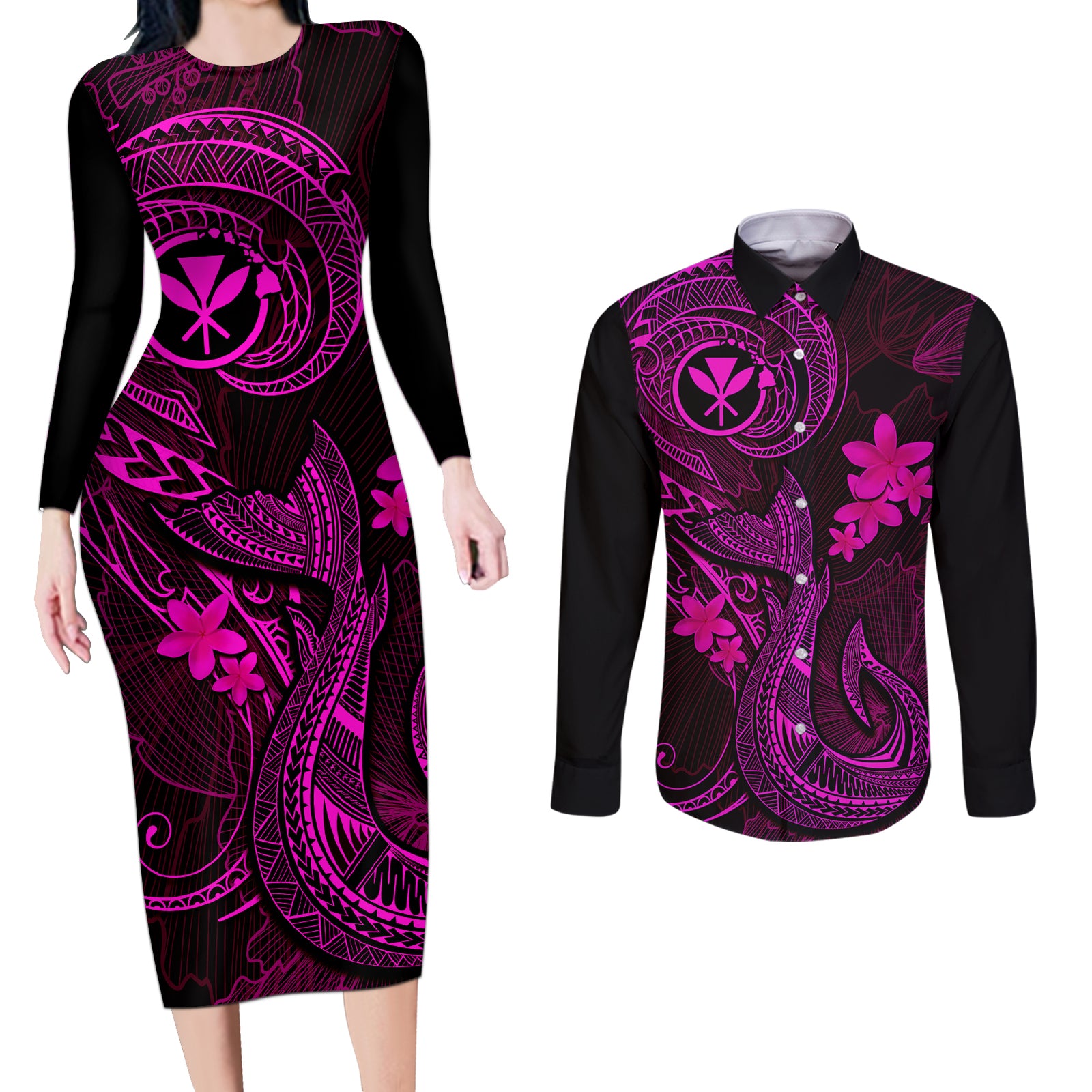 Hawaii Couples Matching Long Sleeve Bodycon Dress and Long Sleeve Button Shirts Fish Hook Tattoo Mix Polynesian Plumeria Pink Version LT14 Pink - Polynesian Pride