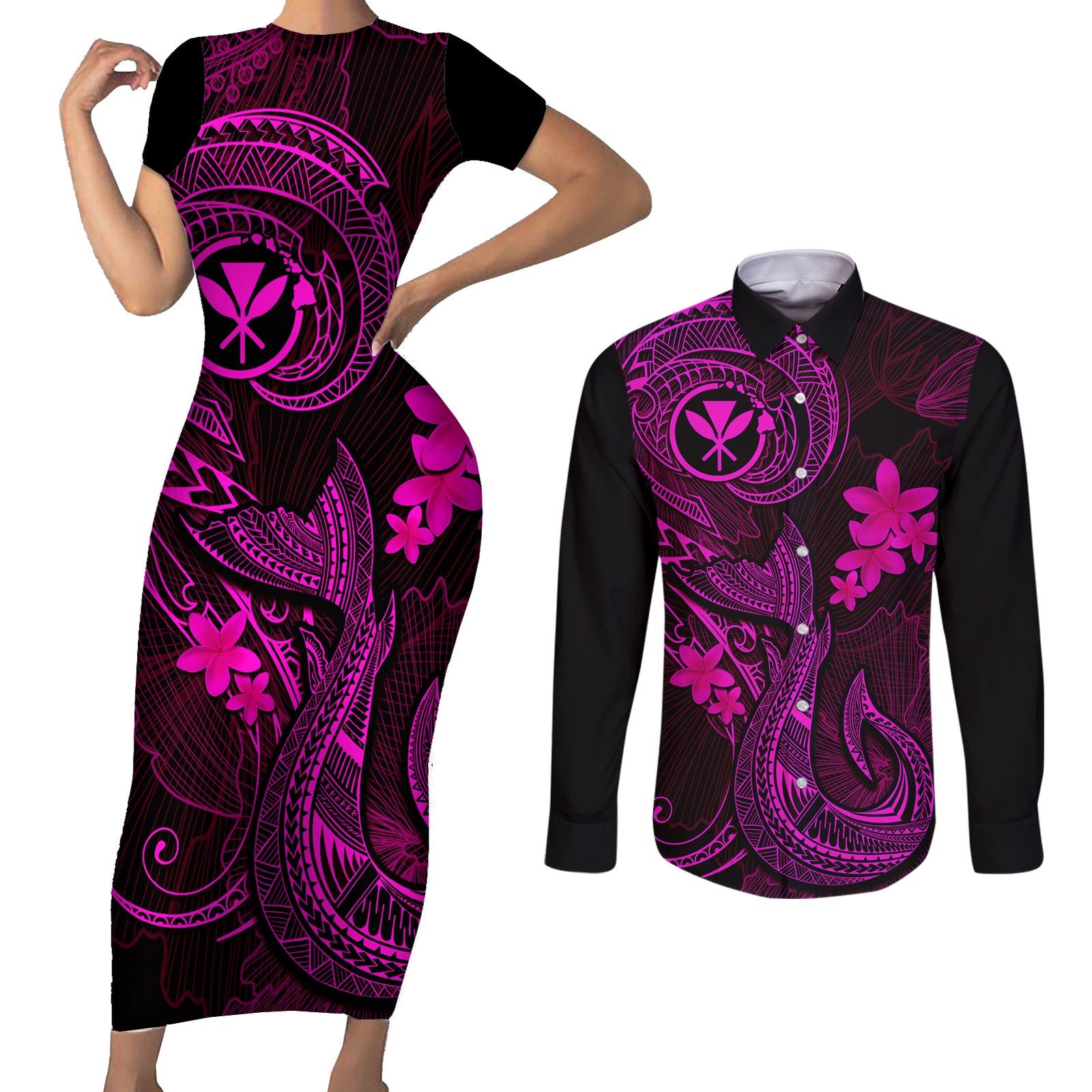 Hawaii Couples Matching Short Sleeve Bodycon Dress and Long Sleeve Button Shirts Fish Hook Tattoo Mix Polynesian Plumeria Pink Version LT14 Pink - Polynesian Pride