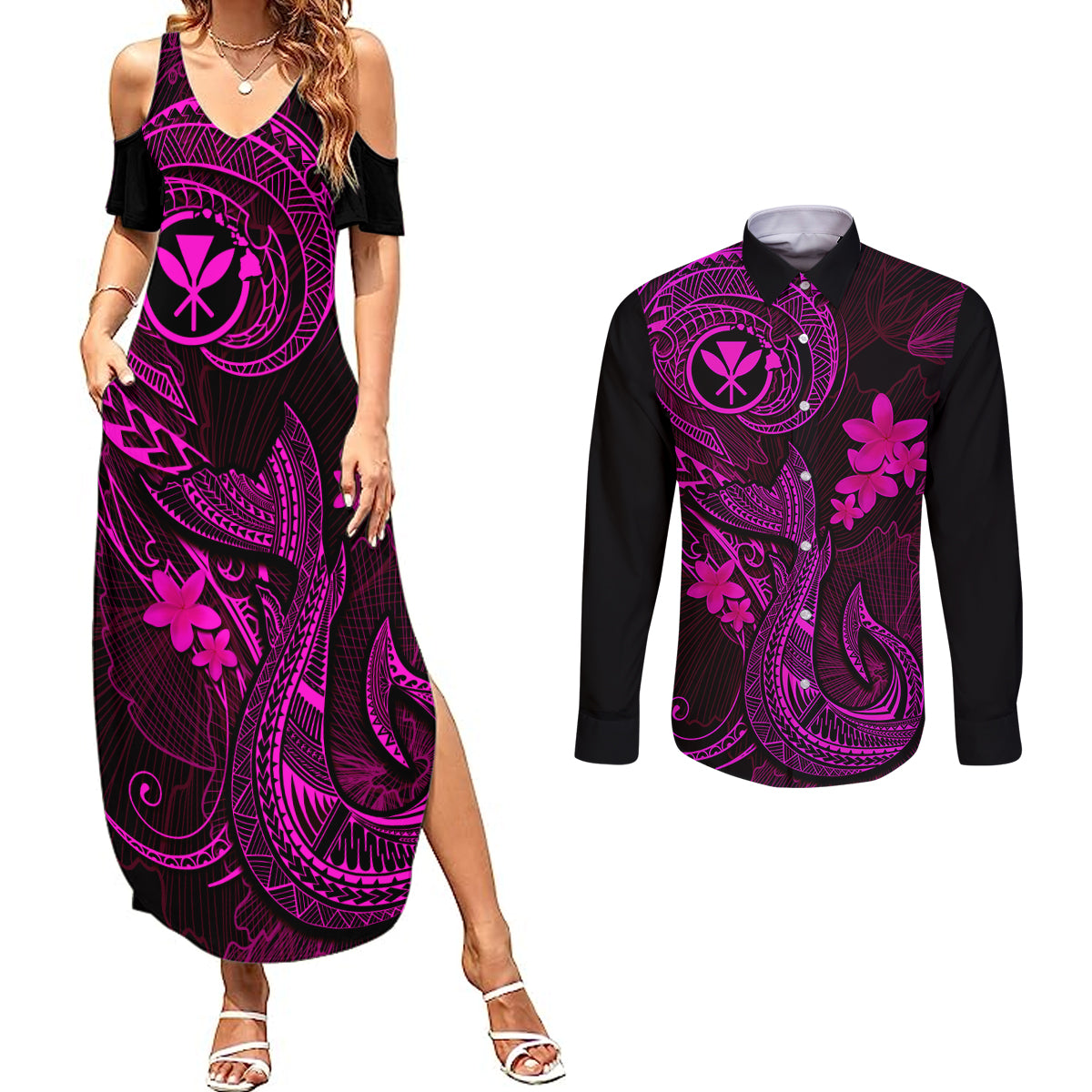 Hawaii Couples Matching Summer Maxi Dress and Long Sleeve Button Shirts Fish Hook Tattoo Mix Polynesian Plumeria Pink Version LT14 Pink - Polynesian Pride