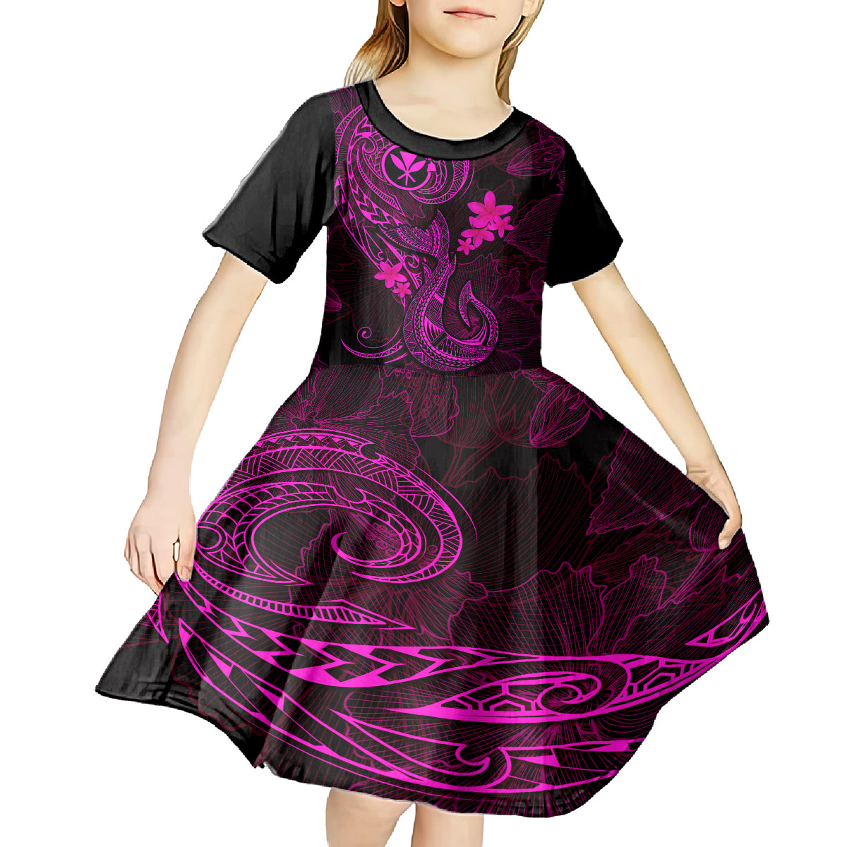 Hawaii Kid Short Sleeve Dress Fish Hook Tattoo Mix Polynesian Plumeria Pink Version LT14 - Polynesian Pride