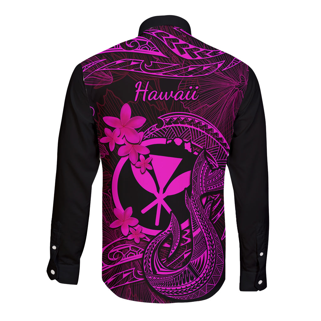 Hawaii Long Sleeve Button Shirt Fish Hook Tattoo Mix Polynesian Plumeria Pink Version LT14 - Polynesian Pride