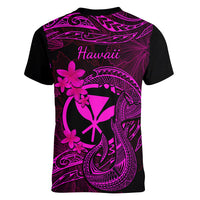 Hawaii Women V Neck T Shirt Fish Hook Tattoo Mix Polynesian Plumeria Pink Version LT14 - Polynesian Pride