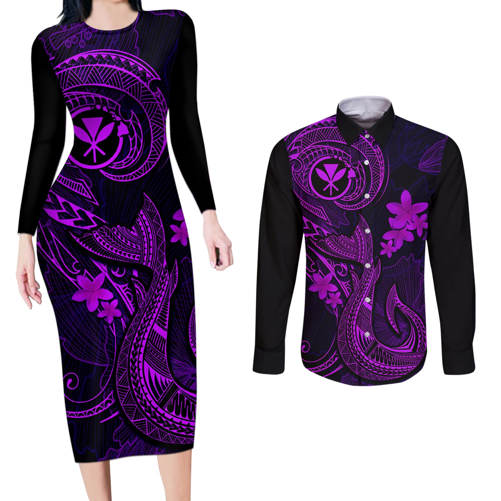 Hawaii Couples Matching Long Sleeve Bodycon Dress and Long Sleeve Button Shirts Fish Hook Tattoo Mix Polynesian Plumeria Purple Version LT14 Purple - Polynesian Pride