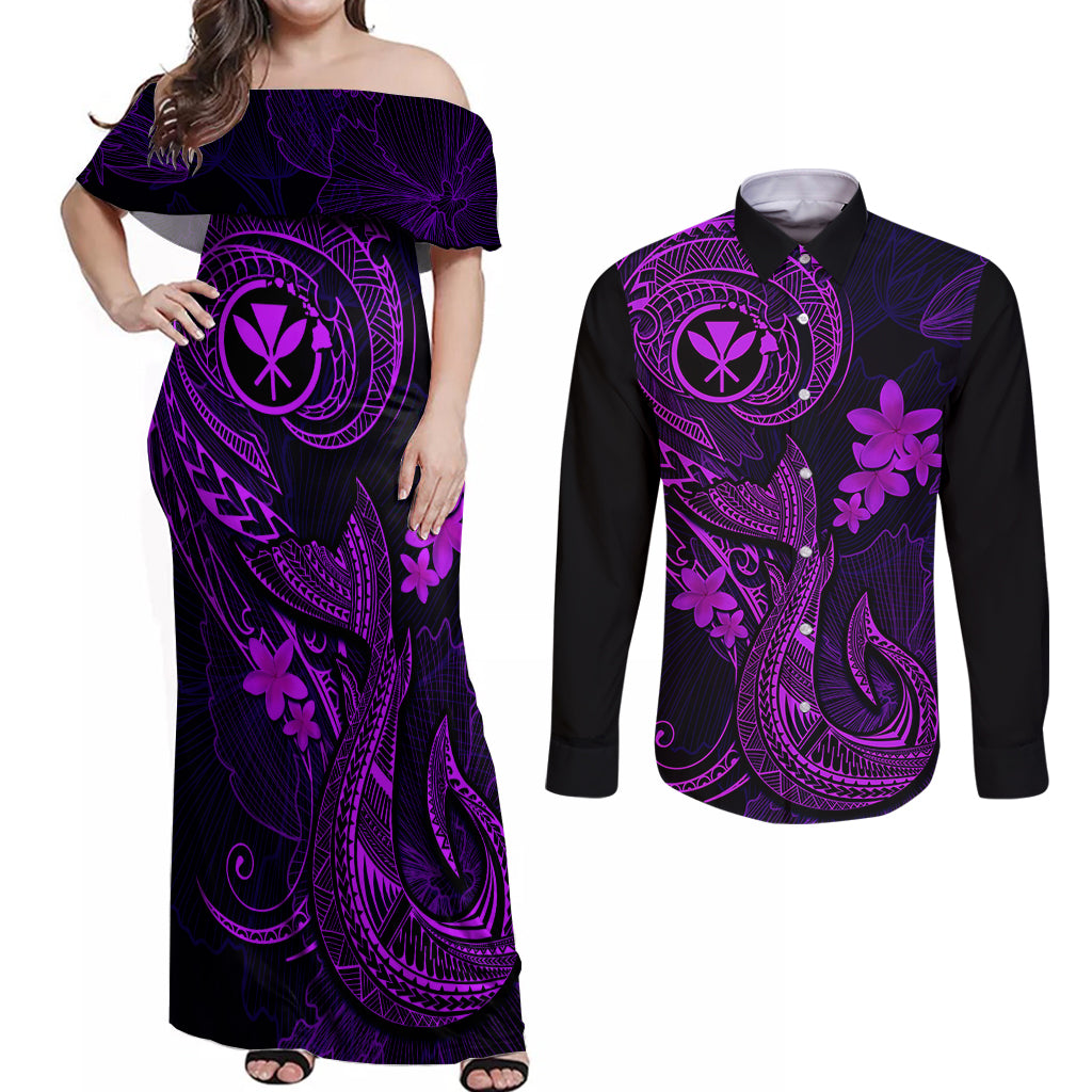 Hawaii Couples Matching Off Shoulder Maxi Dress and Long Sleeve Button Shirts Fish Hook Tattoo Mix Polynesian Plumeria Purple Version LT14 Purple - Polynesian Pride