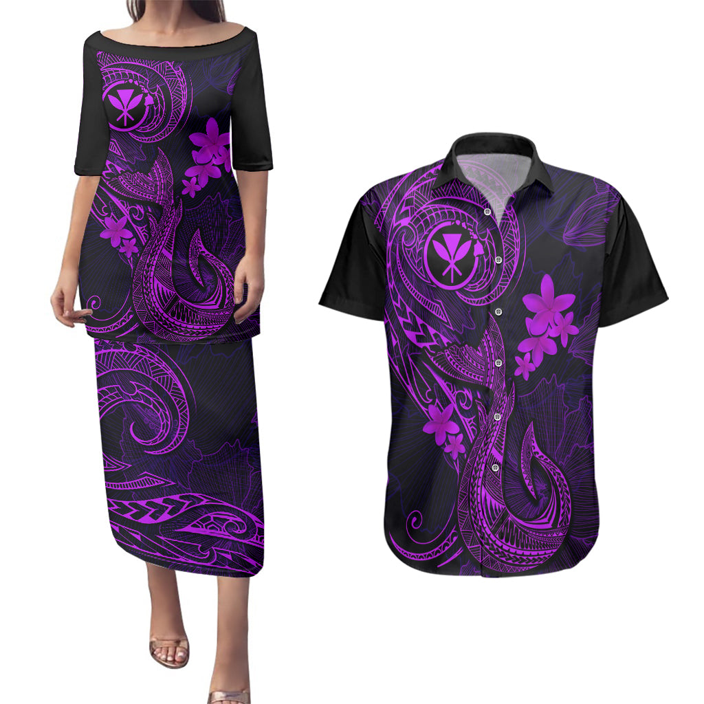 Hawaii Couples Matching Puletasi Dress and Hawaiian Shirt Fish Hook Tattoo Mix Polynesian Plumeria Purple Version LT14 Purple - Polynesian Pride