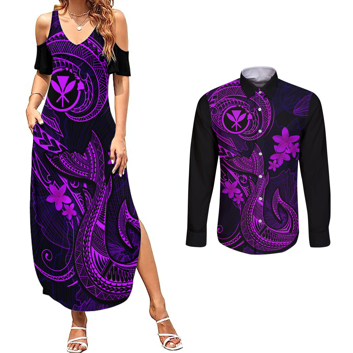 Hawaii Couples Matching Summer Maxi Dress and Long Sleeve Button Shirts Fish Hook Tattoo Mix Polynesian Plumeria Purple Version LT14 Purple - Polynesian Pride