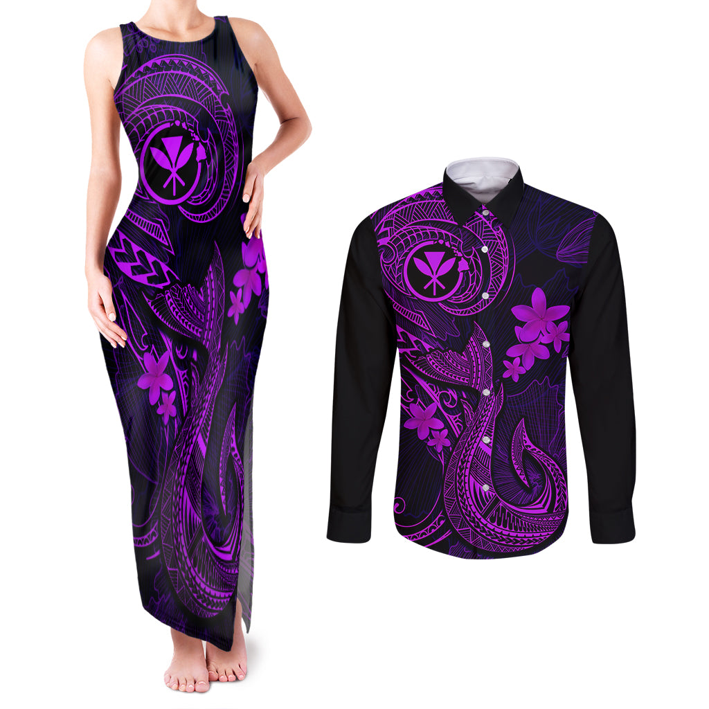 Hawaii Couples Matching Tank Maxi Dress and Long Sleeve Button Shirts Fish Hook Tattoo Mix Polynesian Plumeria Purple Version LT14 Purple - Polynesian Pride