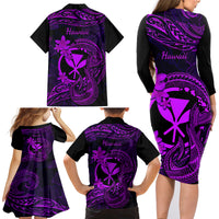 Hawaii Family Matching Long Sleeve Bodycon Dress and Hawaiian Shirt Fish Hook Tattoo Mix Polynesian Plumeria Purple Version LT14 - Polynesian Pride