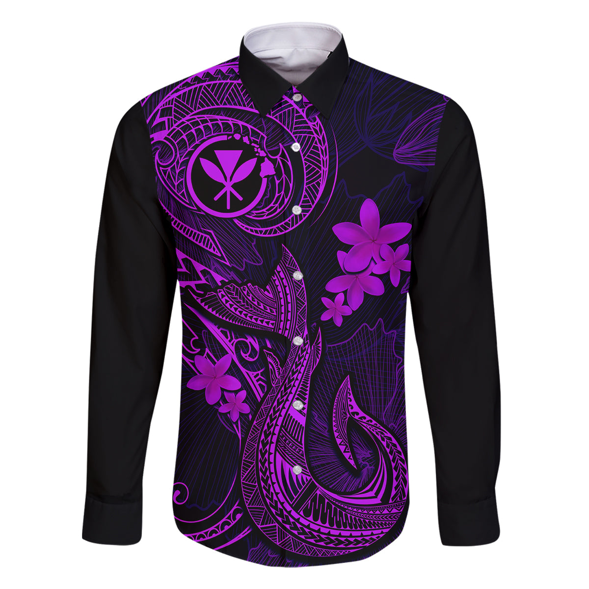 Hawaii Family Matching Long Sleeve Bodycon Dress and Hawaiian Shirt Fish Hook Tattoo Mix Polynesian Plumeria Purple Version LT14 Dad's Shirt - Long Sleeve Purple - Polynesian Pride