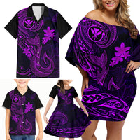 Hawaii Family Matching Off Shoulder Short Dress and Hawaiian Shirt Fish Hook Tattoo Mix Polynesian Plumeria Purple Version LT14 - Polynesian Pride