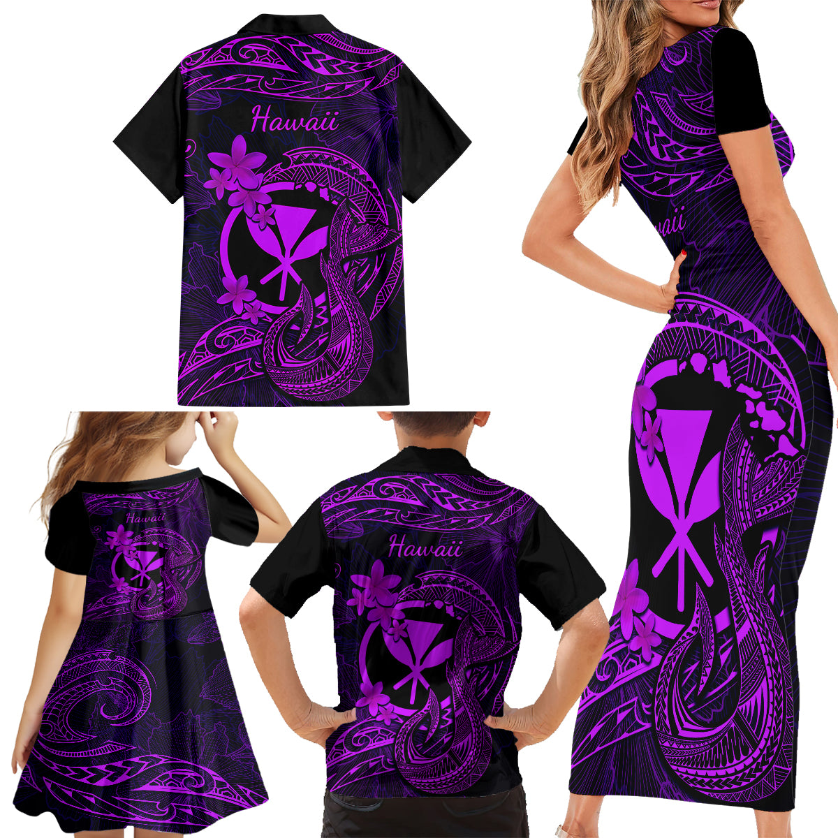 Hawaii Family Matching Short Sleeve Bodycon Dress and Hawaiian Shirt Fish Hook Tattoo Mix Polynesian Plumeria Purple Version LT14 - Polynesian Pride