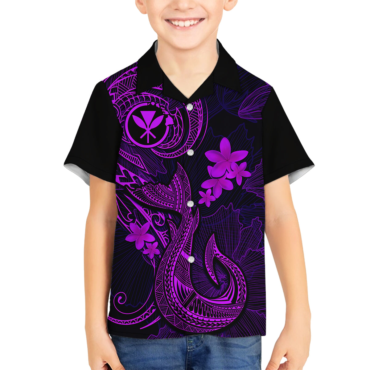 Hawaii Family Matching Tank Maxi Dress and Hawaiian Shirt Fish Hook Tattoo Mix Polynesian Plumeria Purple Version LT14 Son's Shirt Purple - Polynesian Pride