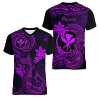 Hawaii Women V Neck T Shirt Fish Hook Tattoo Mix Polynesian Plumeria Purple Version LT14 - Polynesian Pride