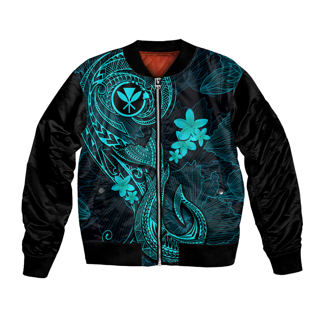 Hawaii Bomber Jacket Fish Hook Tattoo Mix Polynesian Plumeria Turquoise Version LT14 Unisex Turquoise - Polynesian Pride