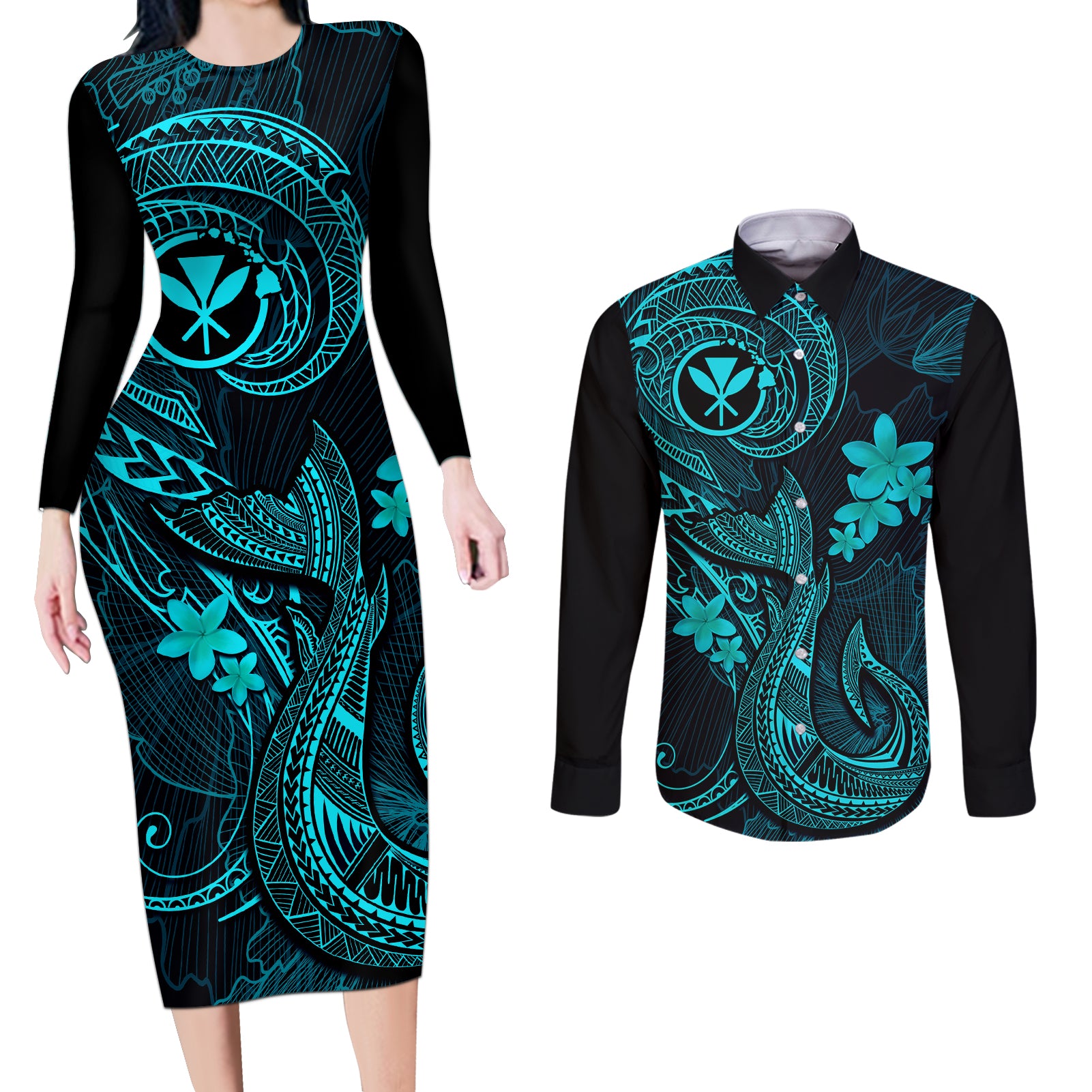 Hawaii Couples Matching Long Sleeve Bodycon Dress and Long Sleeve Button Shirts Fish Hook Tattoo Mix Polynesian Plumeria Turquoise Version LT14 Turquoise - Polynesian Pride