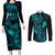 Hawaii Couples Matching Long Sleeve Bodycon Dress and Long Sleeve Button Shirts Fish Hook Tattoo Mix Polynesian Plumeria Turquoise Version LT14 Turquoise - Polynesian Pride