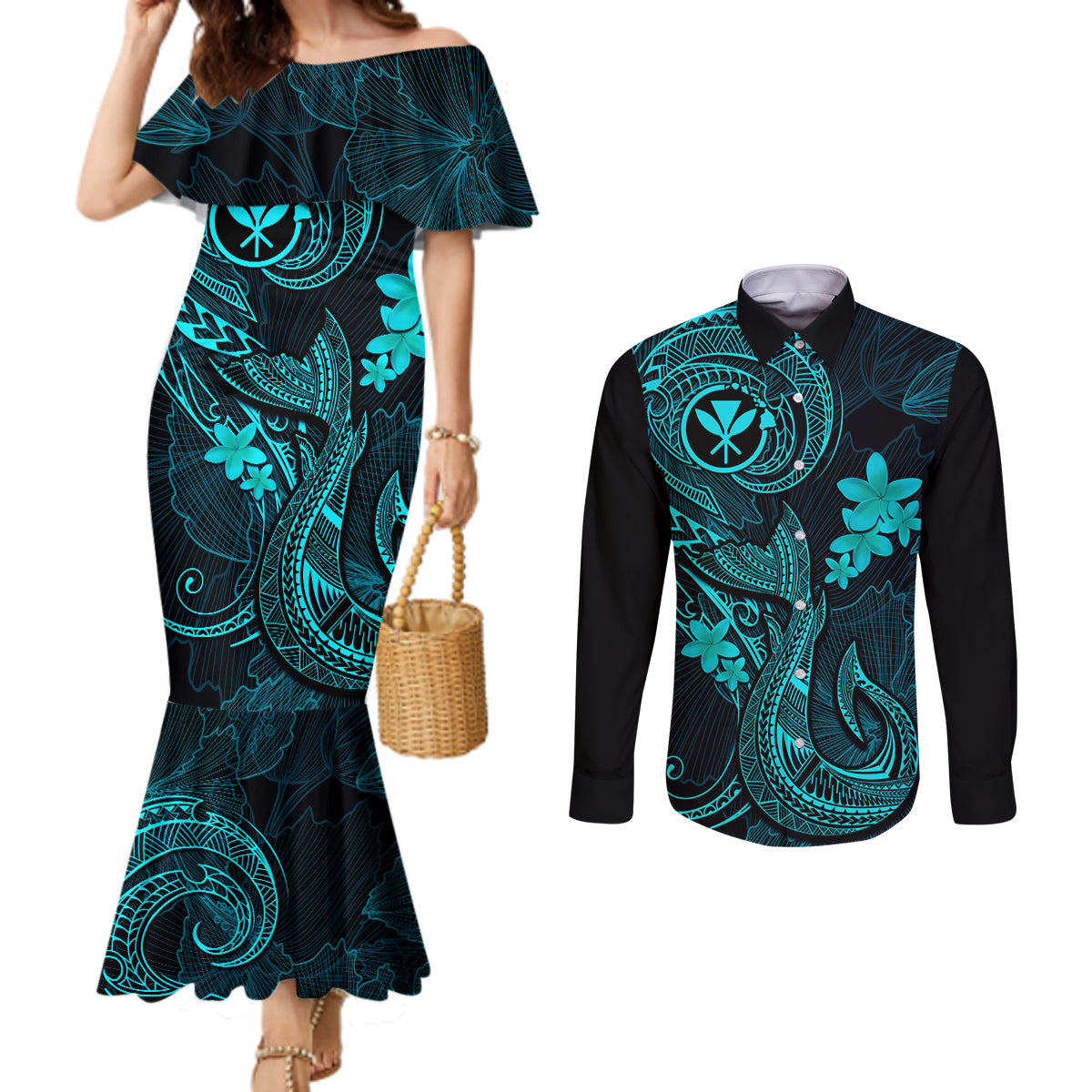 Hawaii Couples Matching Mermaid Dress and Long Sleeve Button Shirts Fish Hook Tattoo Mix Polynesian Plumeria Turquoise Version LT14 Turquoise - Polynesian Pride